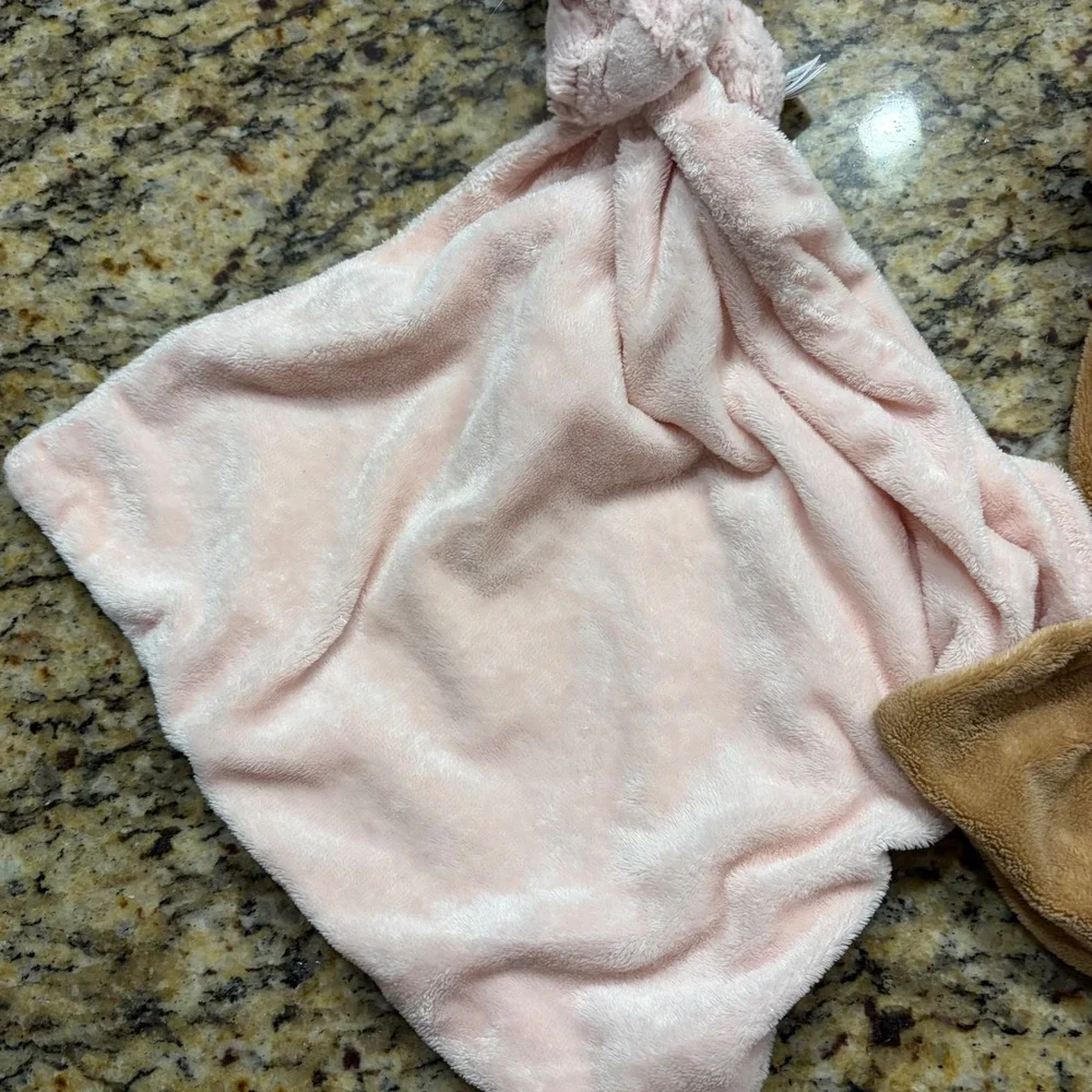 Jellycat Bashful Bunny Bear Soother Blanket Set Pink Tan Plush Security 13x13